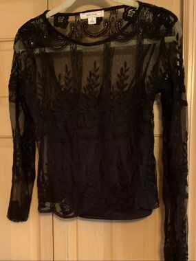 Adam Levine Collection Black Sheer Embroidered Long Sleeve Top